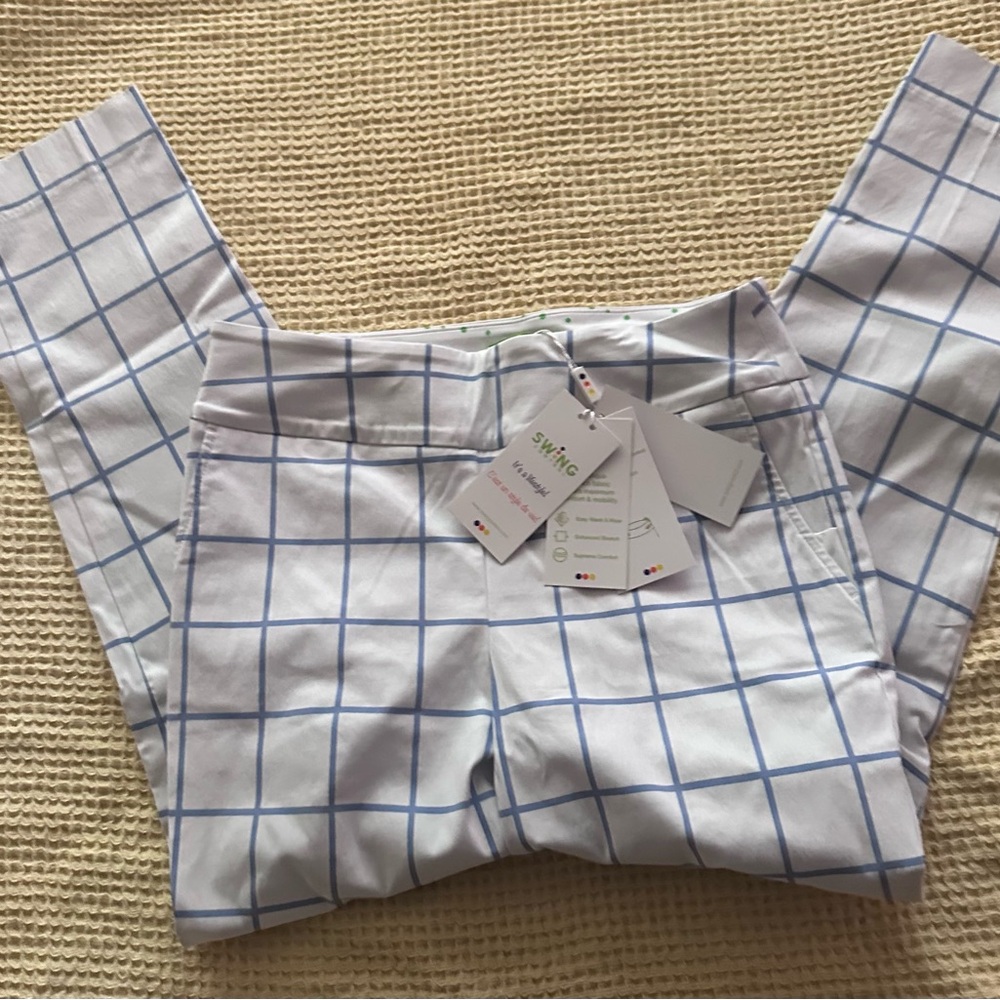 Slim Ankle Pants in White with Light Blue Windowpane - Swing